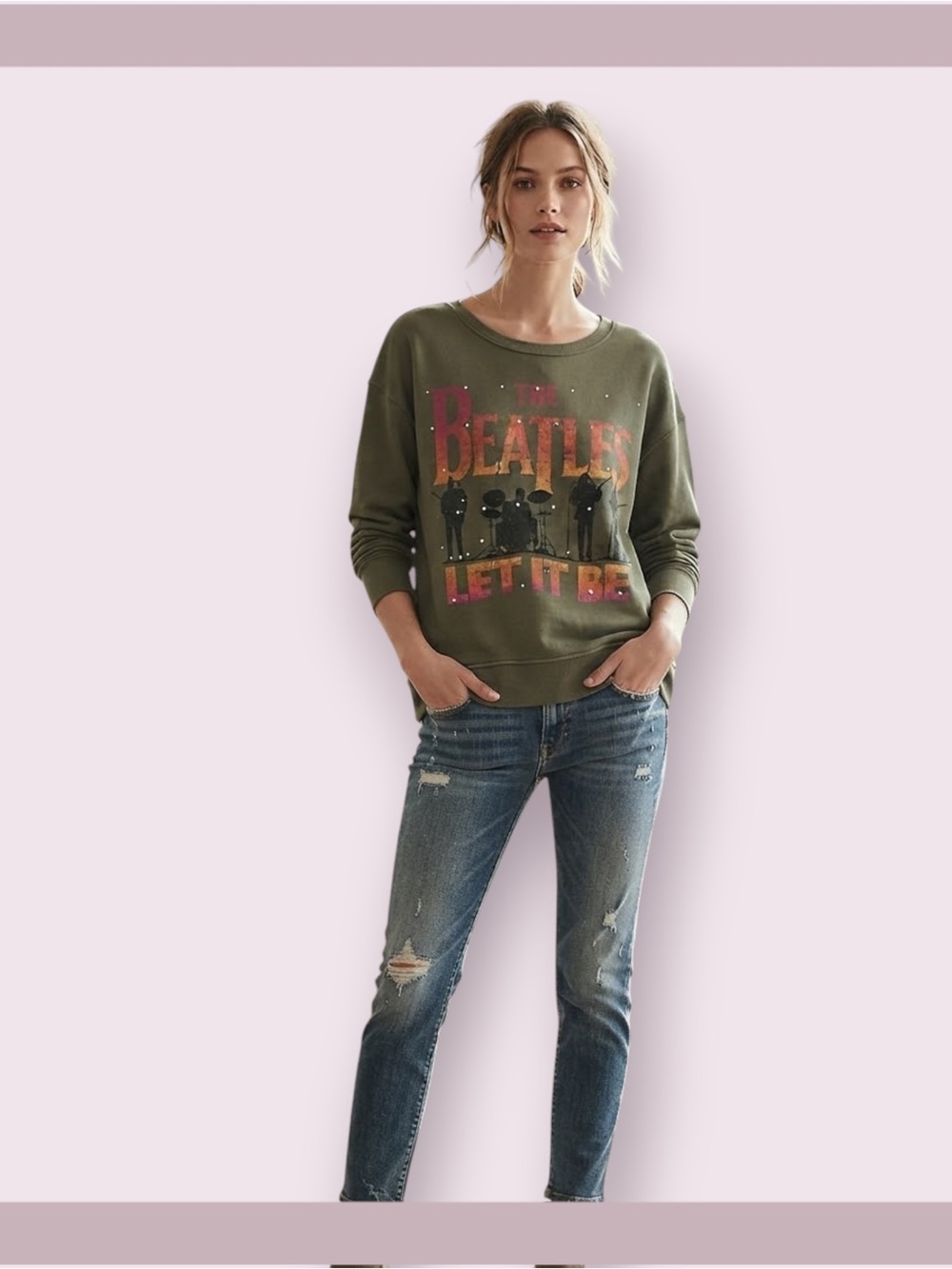 The Beatles "Let It Be" Oversized Olive Green Fleece Crewneck Sweatshirt
